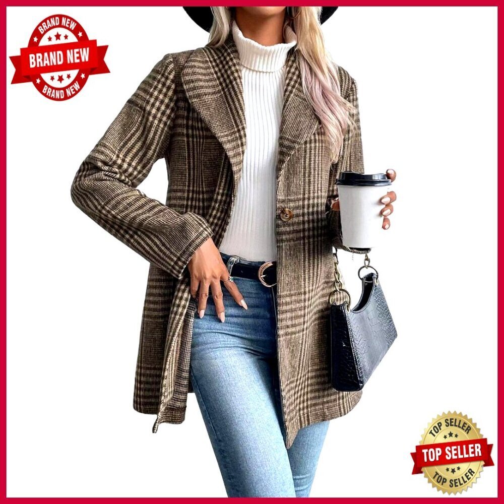 Long Wool Plaid Blazer Trench Coat Fitted Lapel Jacket Work Office
